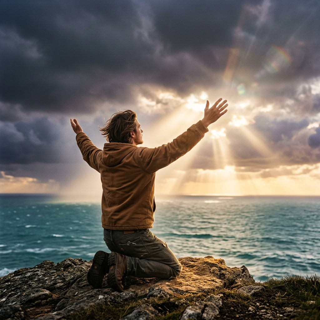 Un joven en oración entregando su voluntad a Dios sobre un acantilado al atardecer