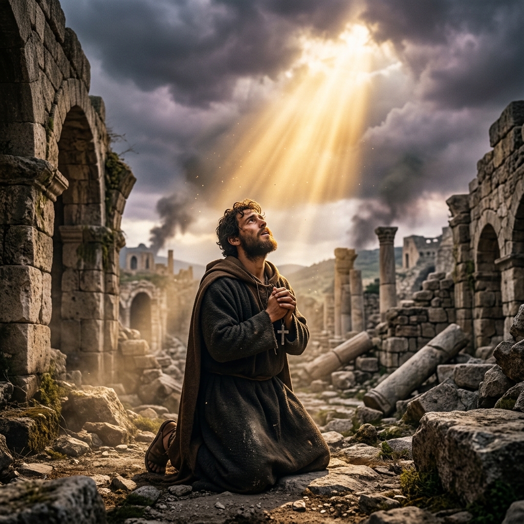 Un joven orando en las ruinas de una ciudad antigua, bañado por luz divina dorada que atraviesa nubes oscuras