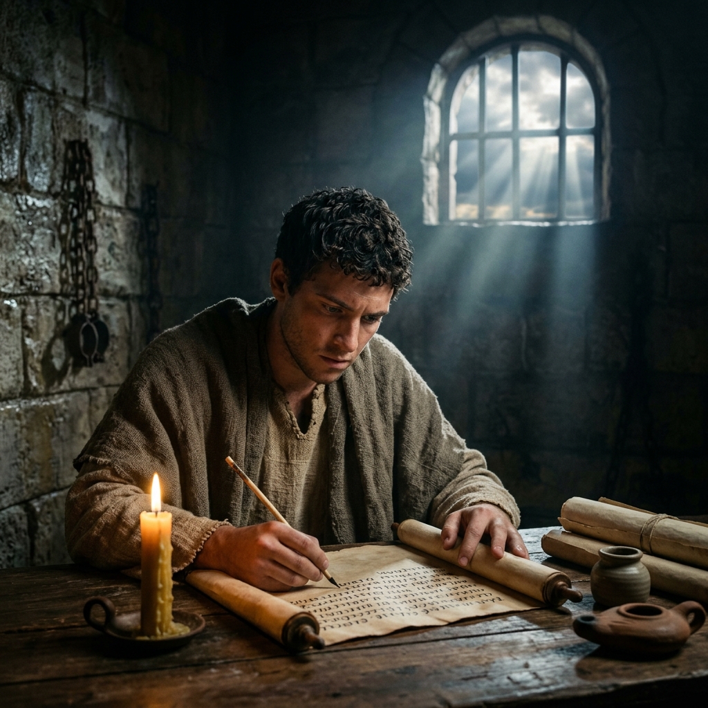 Pablo escribiendo sus cartas a la luz de una vela en una celda en Roma