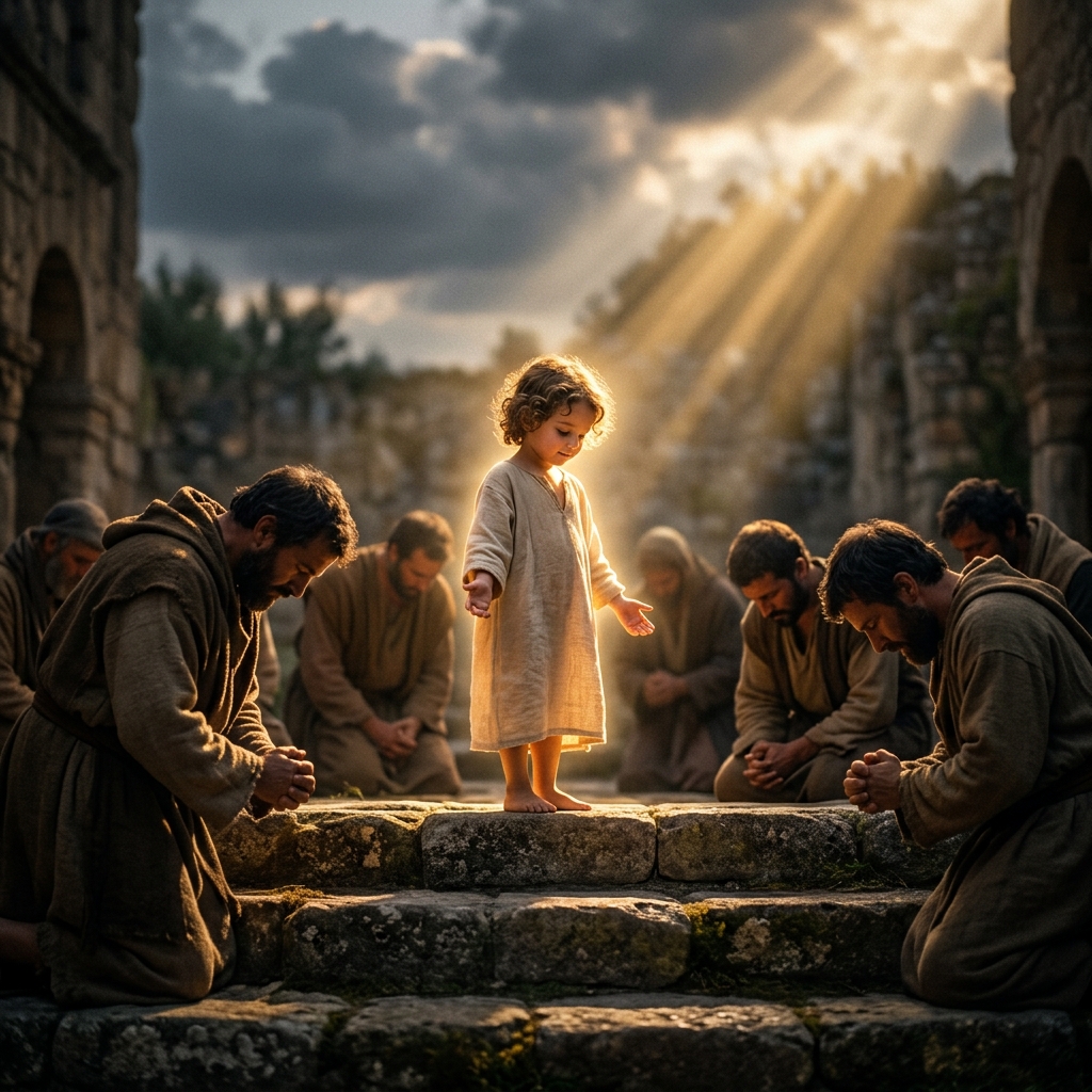 Un niño rodeado de luz divina mientras los adultos se inclinan con humildad